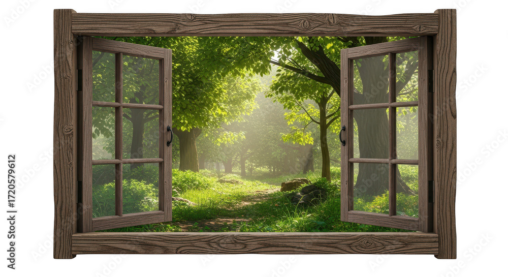 Fototapeta premium Open window with view of green forest and sunlight shining through trees isolated on transparent background