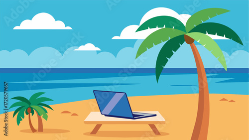 A tropical beach the laptop p on a bamboo table under the shade of a palm tree overlooking the crystal clear water.. Vector illustration