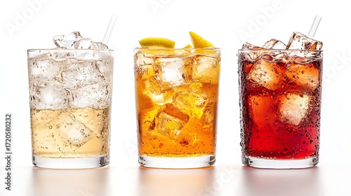 Three Refreshing Drinks with Ice Cubes, Straws, and Lemon Garnish on White