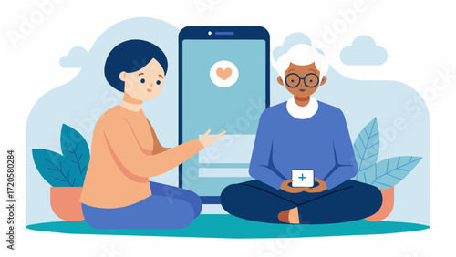 A caregiver setting up a meditation app on an elderly patients smartphone teaching them how to use it for stress relief and improved mental health.. Vector illustration
