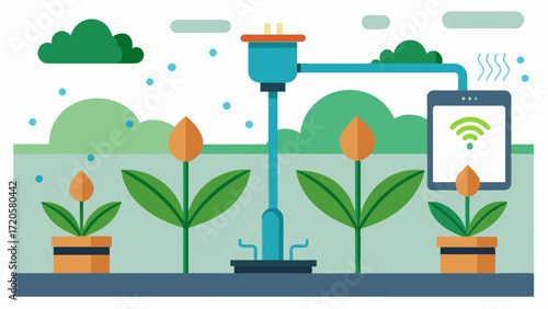 A smart irrigation system that uses nutrient sensors to deliver precise amounts of fertilizer directly to the plant roots.. Vector illustration
