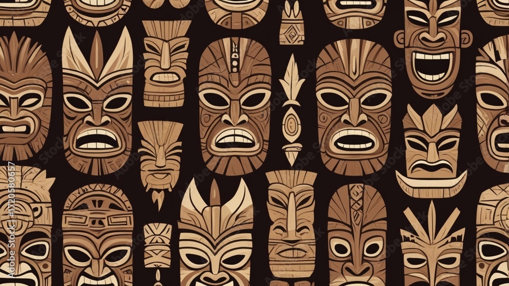 Fototapeta premium Polynesian Tiki Mask Tribal Pattern