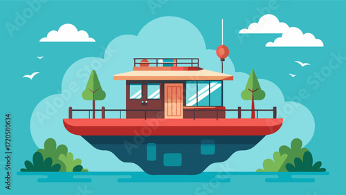 A charming floating abode with a wraparound deck perfect for taking breaks and admiring the surrounding nature. Vector illustration