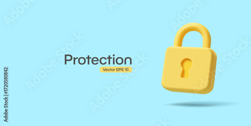 Blue banner with yellow closed lock, 3D, Protection and security. Technology and personal data. Vector illustration.