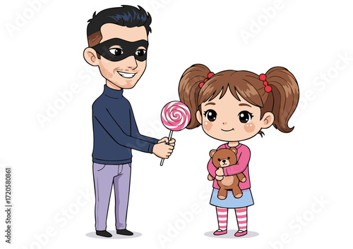 Masked Man Giving Candy to a Little Girl A Sweet Deception Illustration