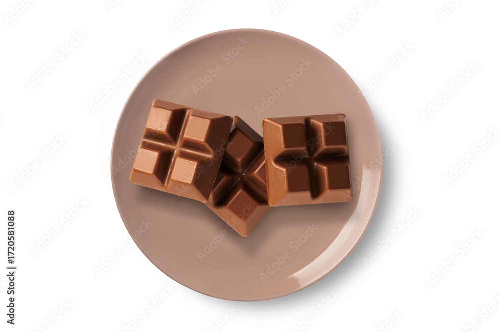 Fototapeta premium Chocolate bar on brown plate isolated on white background. Top view