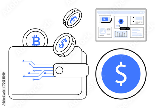 Digital wallet with Bitcoin and dollar coins, analytics dashboard, flat dollar symbol. Ideal for finance, cryptocurrency, budgeting, trading, fintech blockchain e-commerce. Simple flat metaphor