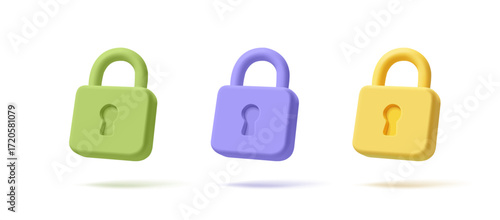 Set of colored 3D closed locks on a white background. For concepts of security, protection, technology, reliability, safety. Vector illustration.