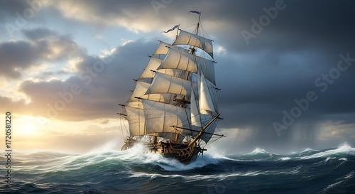 A majestic sailing ship navigates a turbulent sea under a dramatic sky at sunset.