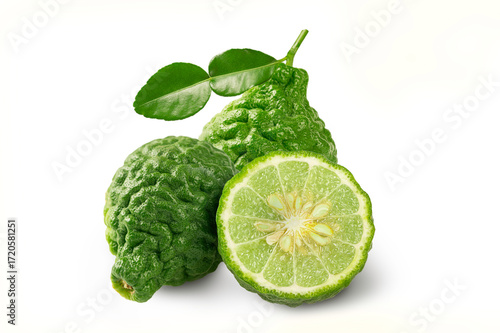 Bergamot fruits with half and leaves isolated on white background.
