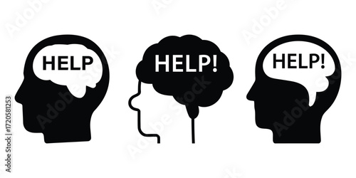 heads showing brains asking for help. human head silhouette