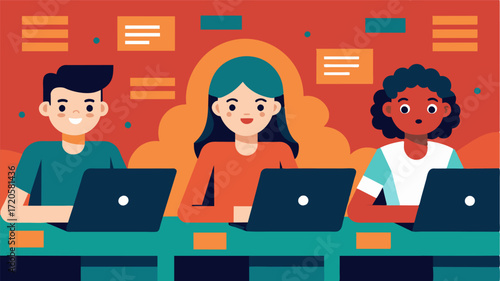 A group of students eagerly typing away on laptops during a coding workshop expanding their knowledge and enhancing their logical thinking abilities.. Vector illustration