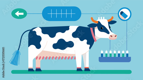 A smart grooming brush for dairy cows that collects vital data while brushing such as milk production activity levels and overall health.. Vector illustration