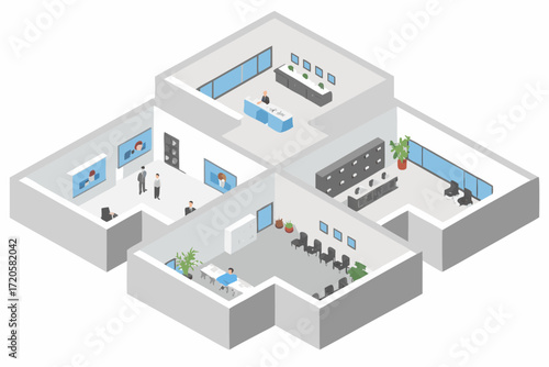 Isometric view of a modern office interior with reception waiting area and meeting rooms