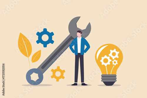 Man with wrench and lightbulb representing innovation and mechanical solutions