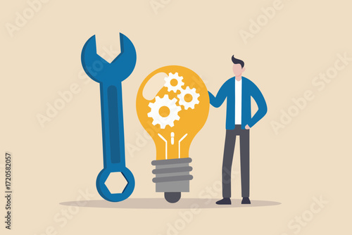 Man with wrench and lightbulb with gears representing innovation and problem solving