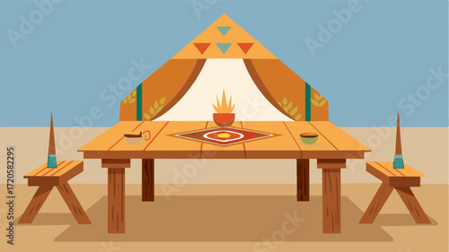 A sy wooden table adorned with local artwork set in the middle of a spacious tent.. Vector illustration