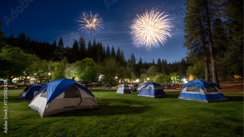 Colorful Fireworks Over Camping Area with Tents at Night Sky