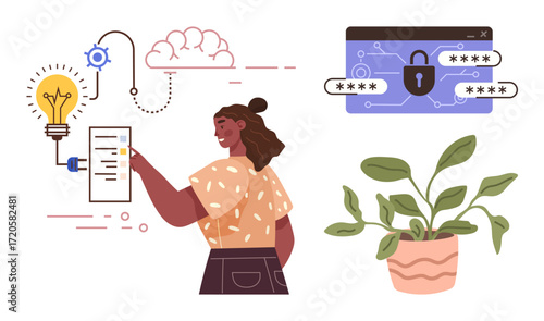 Woman pointing at data flowchart toward innovation, ideas, and technology. Includes password security and potted plant. Ideal for creativity, planning, technology, security, sustainability