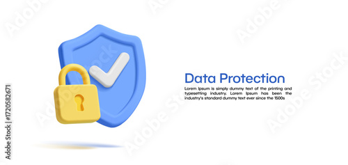 Data protection. Modern banner with 3D shield, check mark and closed lock. Web security, encryption, password, confirmation. Vector illustration.