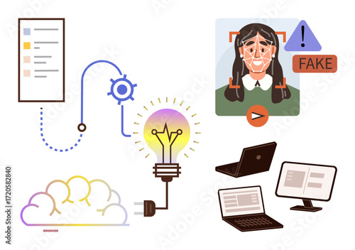 Facial recognition panel, fake detection alert, light bulb for innovation, cloud computing diagram, flowchart, and laptops. Ideal for AI, cybersecurity, innovation cloud computing fraud detection