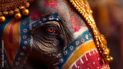 Close Up of Decorated Elephant with Colorful Paint and Ornaments during Mysuru Dasara Festival in India, Showcasing Cultural Heritage, Traditional Celebration and Royal Procession