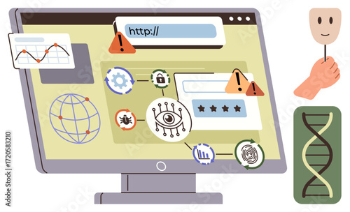Computer screen displaying security alerts, malware icons, online monitoring, globe, fake identity mask, charts, and DNA helix. Ideal for themes thumbs up cybersecurity, hacking data privacy