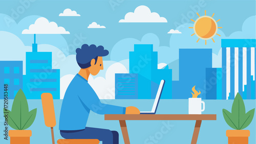 A young professional takes advantage of a sunny day to work from their balcony using a wireless mouse as they sit at a small desk while enjoying the fresh air and cityscape beyond.. Vector