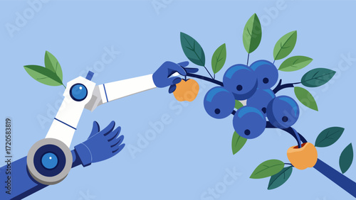 A robotic arm reaching out to delicately pluck a perfectly ripe blueberry from its branch.. Vector illustration