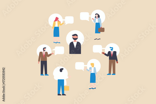 Diverse group of business people communicating and sharing ideas with speech bubbles in a flat design style