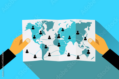 Hands holding a world map with connected people icons representing global network and communication