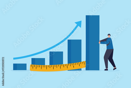 Man pushing a bar graph upwards with a measuring tape indicating growth and success