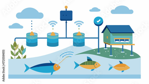A smart aquaculture system that uses advanced sensor technology to closely monitor water levels and prevent overflow or underflow of aquaculture tanks.. Vector illustration