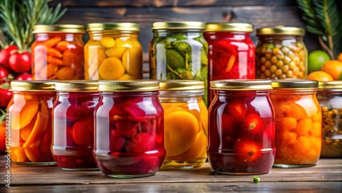 Colorful Assortment of Preserved Fruits and Vegetables in Jars