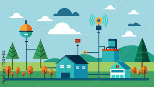 A series of interconnected weather stations spread throughout a farm providing detailed climate information for accurate crop planning.. Vector illustration