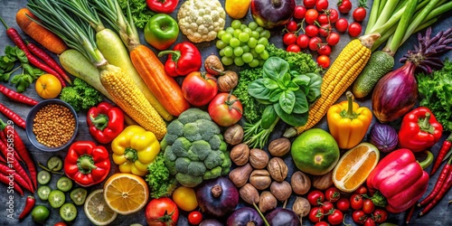 Vibrant Fresh Vegetables and Fruits in Diverse Colors and Textures
