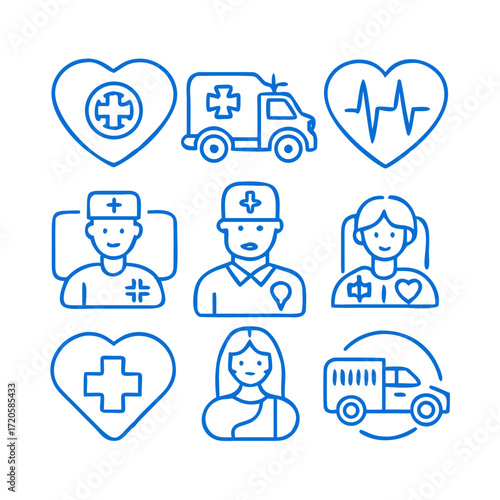 “Clean flat outline pictograms of healthcare and medical services: doctors, nurses, stethoscope, hospital, ambulance, medicine, heart health, vaccination, fitness, telemedicine — consistent style, min