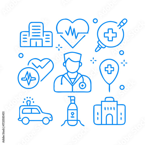 “Clean flat outline pictograms of healthcare and medical services: doctors, nurses, stethoscope, hospital, ambulance, medicine, heart health, vaccination, fitness, telemedicine — consistent style, min