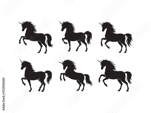 Six black unicorn silhouettes vector standing and rearing isolated on white background