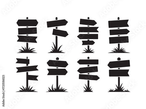 Collection of wooden signpost silhouettes vector isolated on white background