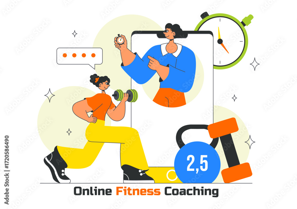 Fototapeta premium Online Fitness Coaching Illustration Featuring Personal Trainer for Web Training with Virtual Instructor, Workout Plans, Nutrition, and Weight Loss