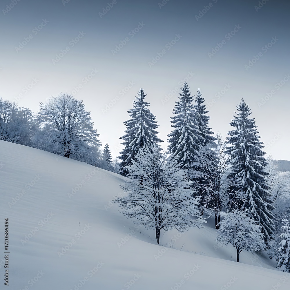 Naklejka premium Snow-dusted trees stand on a gentle winter slope, bathed in a soft, cool light.