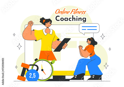 Online Fitness Coaching Illustration Featuring Personal Trainer for Web Training with Virtual Instructor, Workout Plans, Nutrition, and Weight Loss