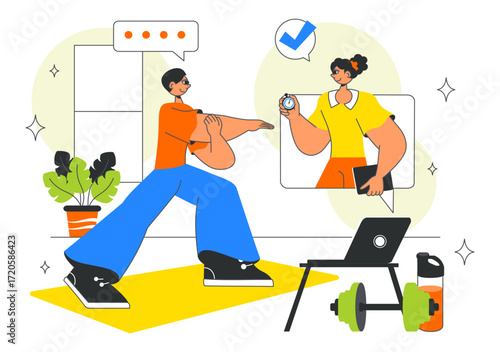 Online Fitness Coaching Illustration Featuring Personal Trainer for Web Training with Virtual Instructor, Workout Plans, Nutrition, and Weight Loss