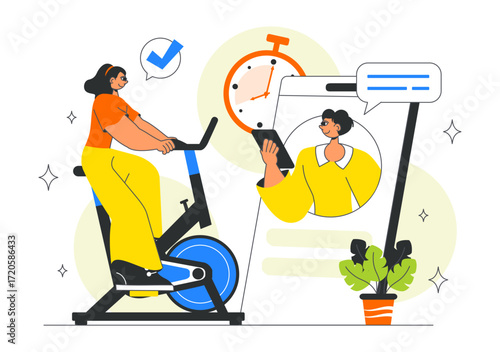 Online Fitness Coaching Illustration Featuring Personal Trainer for Web Training with Virtual Instructor, Workout Plans, Nutrition, and Weight Loss