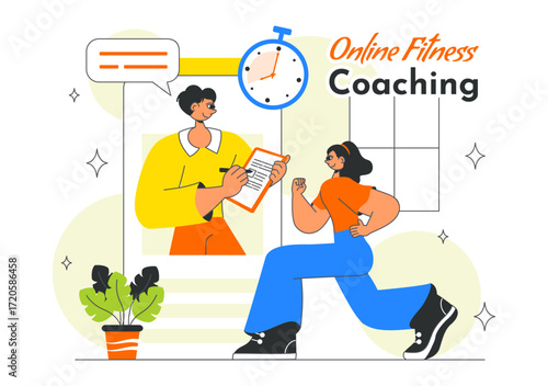 Online Fitness Coaching Illustration Featuring Personal Trainer for Web Training with Virtual Instructor, Workout Plans, Nutrition, and Weight Loss