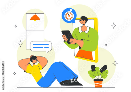 Online Fitness Coaching Illustration Featuring Personal Trainer for Web Training with Virtual Instructor, Workout Plans, Nutrition, and Weight Loss