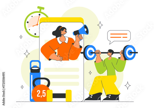 Online Fitness Coaching Illustration Featuring Personal Trainer for Web Training with Virtual Instructor, Workout Plans, Nutrition, and Weight Loss