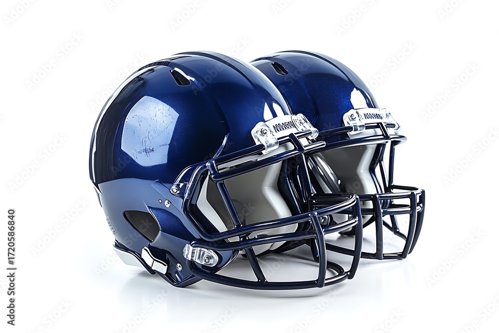 Fototapeta premium Two Navy Blue Football Helmets Facing Front on White Background in Studio Shot