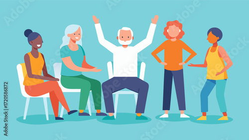 A compassionate caregiver leads a group of individuals with dementia in chair exercises to improve their physical and cognitive wellbeing.. Vector illustration